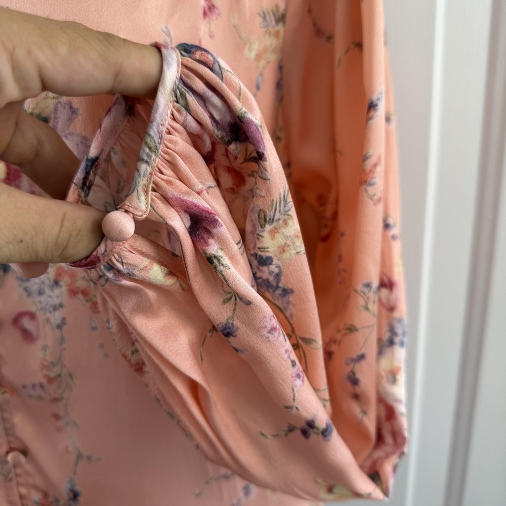LoveShackFancy Blouse Womens Small Pink 100% Silk Floral Button Front Satin Top - Picture 5 of 16